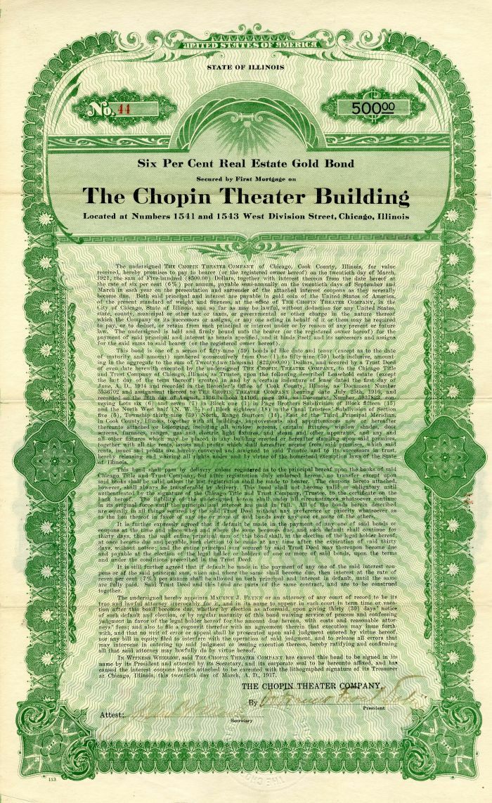 Chopin Theater Building - $500 - Entertainment Stocks & Bonds