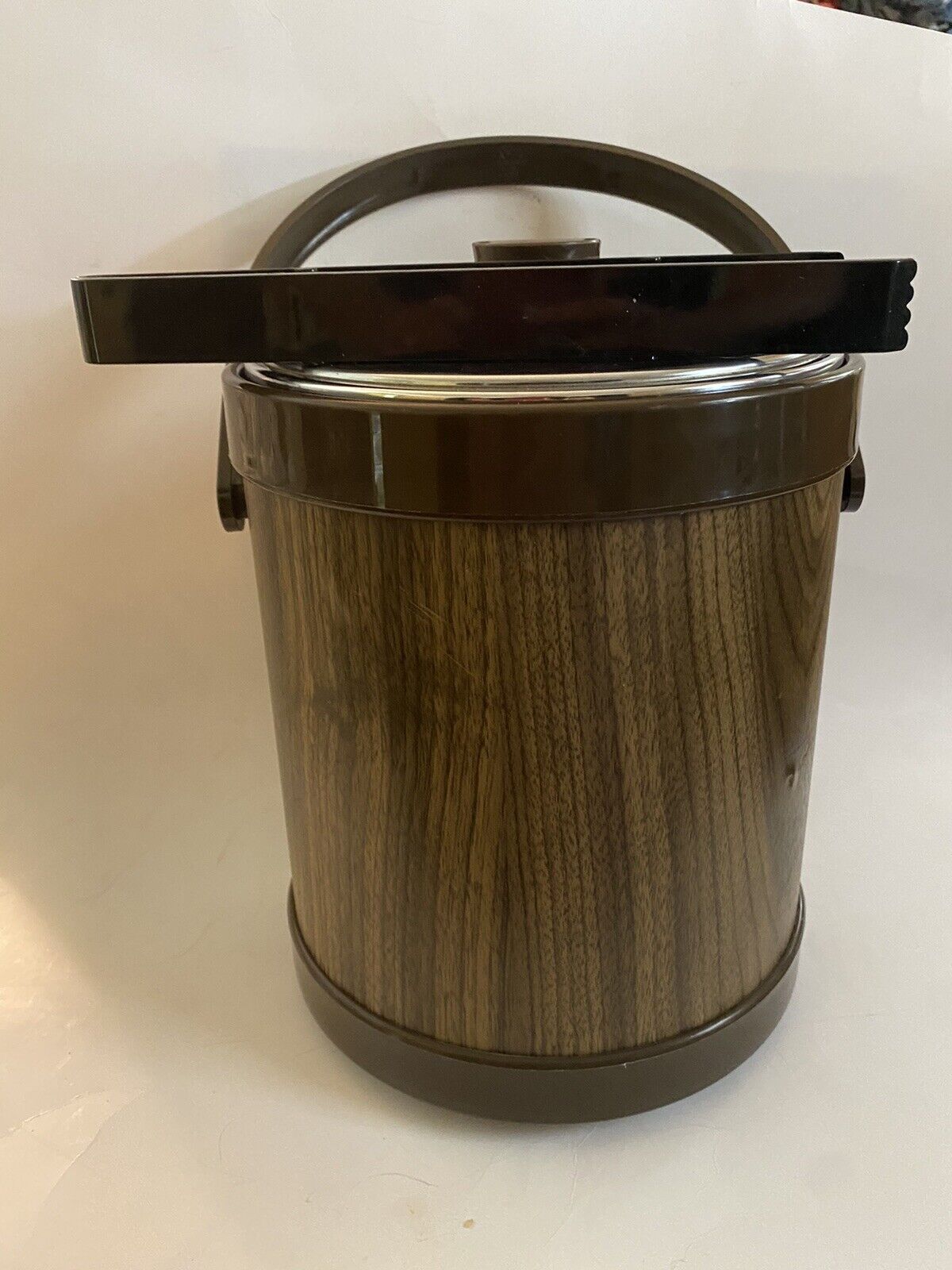 Vintage Retro Atapco Faux Wood Grain Ice Bucket Chrome Lid Barware W/Tongs