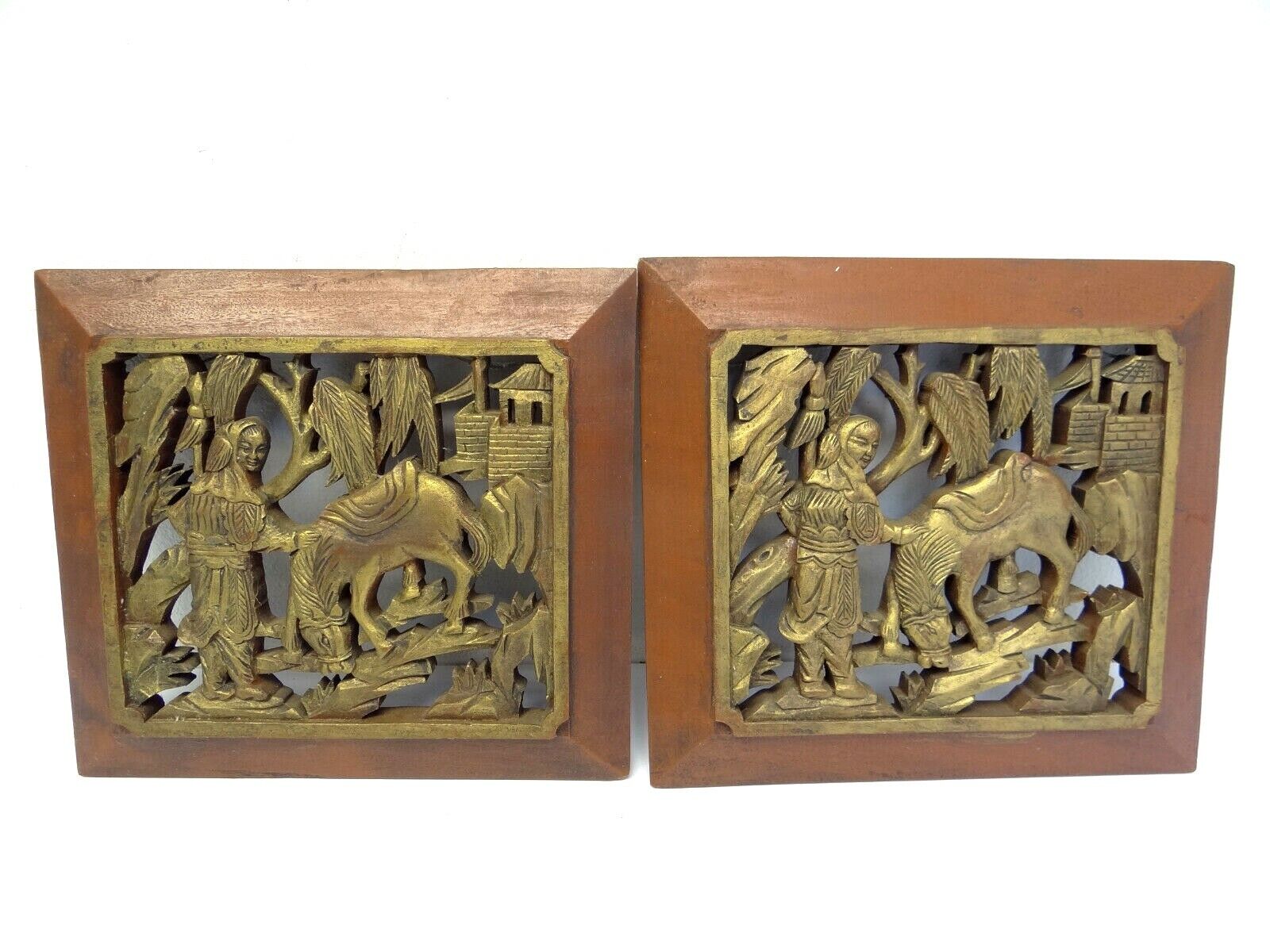 Two Vintage Carved Pair Gold Red Asian Motif Donkey Chinese Man Carvings Art