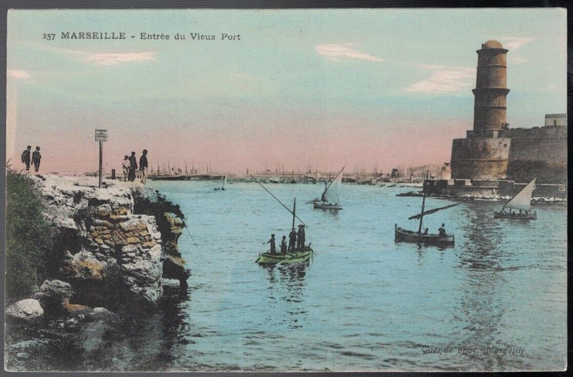 ANTIQUE 1907-1910 ENTRANCE TO THE PORT MARSEILLE FRANCE HAND COLORED POSTCARD