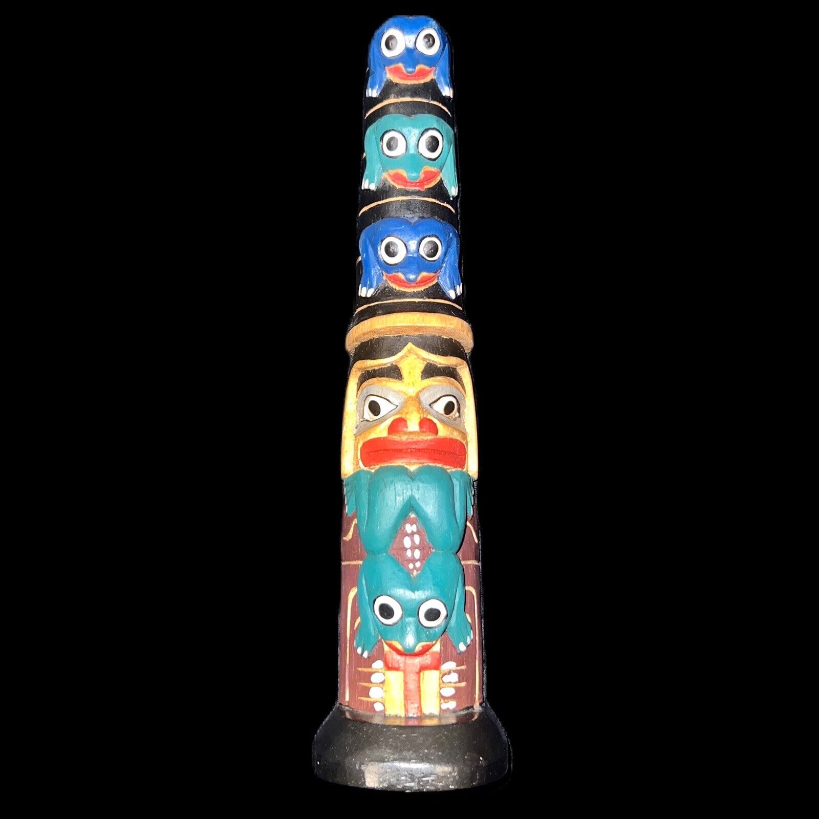 Muscogee Vintage Totem Pole Rare Frogs Hand-painted Folk Art Signed Creek Woman