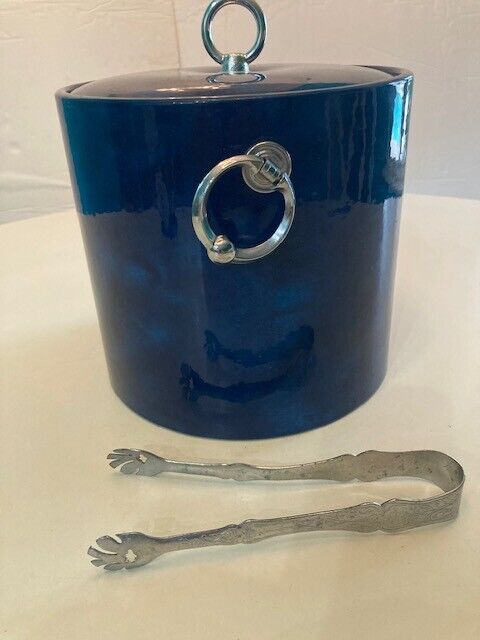 Vintage Deep Blue Ice Bucket With Tongs Hard Sides With Cushion Cover