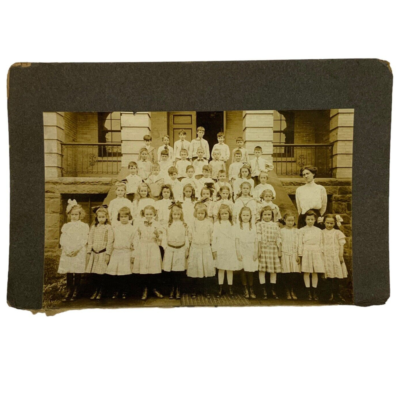 Antique Photograph Primary School Group with Teacher Black White on Card c1910s