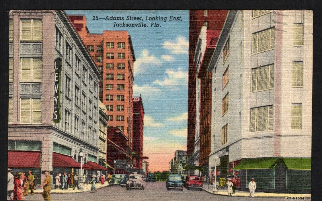 Postcard Jacksonville FL Adams Street Looking East Levy\'s Corner Linen Posted