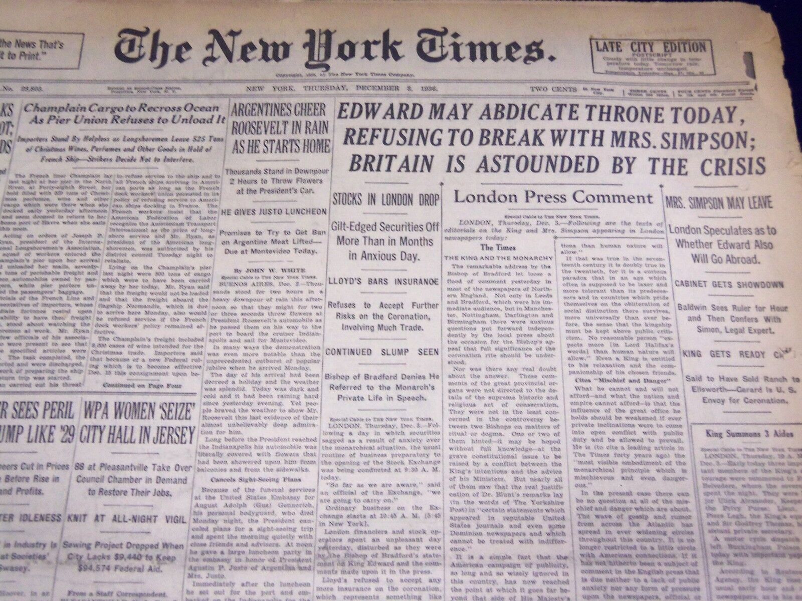1936 DEC 3 NEW YORK TIMES - EDWARD MAY ABDICATE THRONE TODAY - NT 2123
