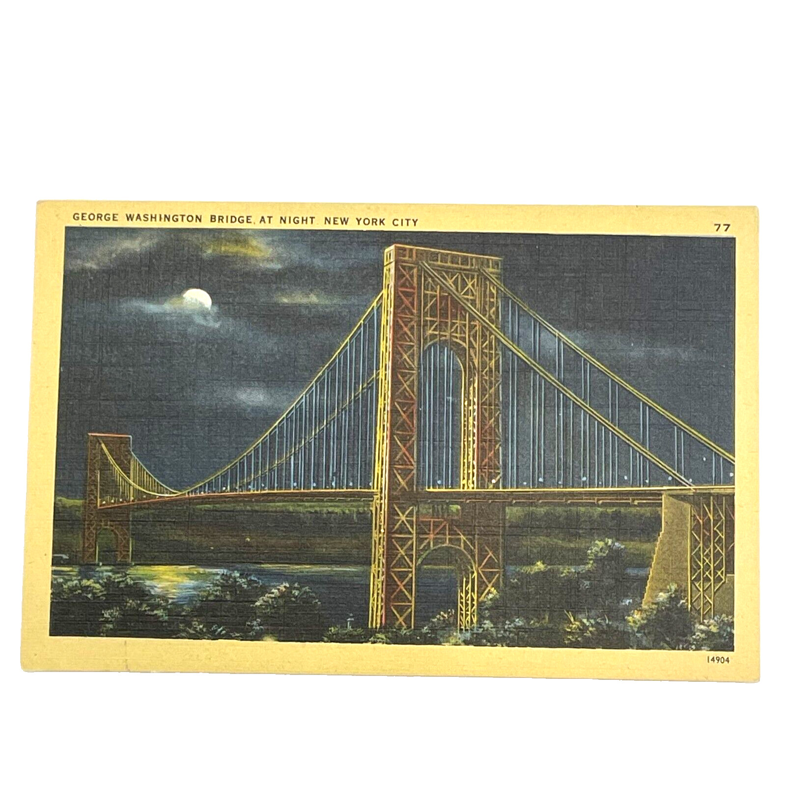 Vintage George Washington Bridge at Night New York City Linen Postcard