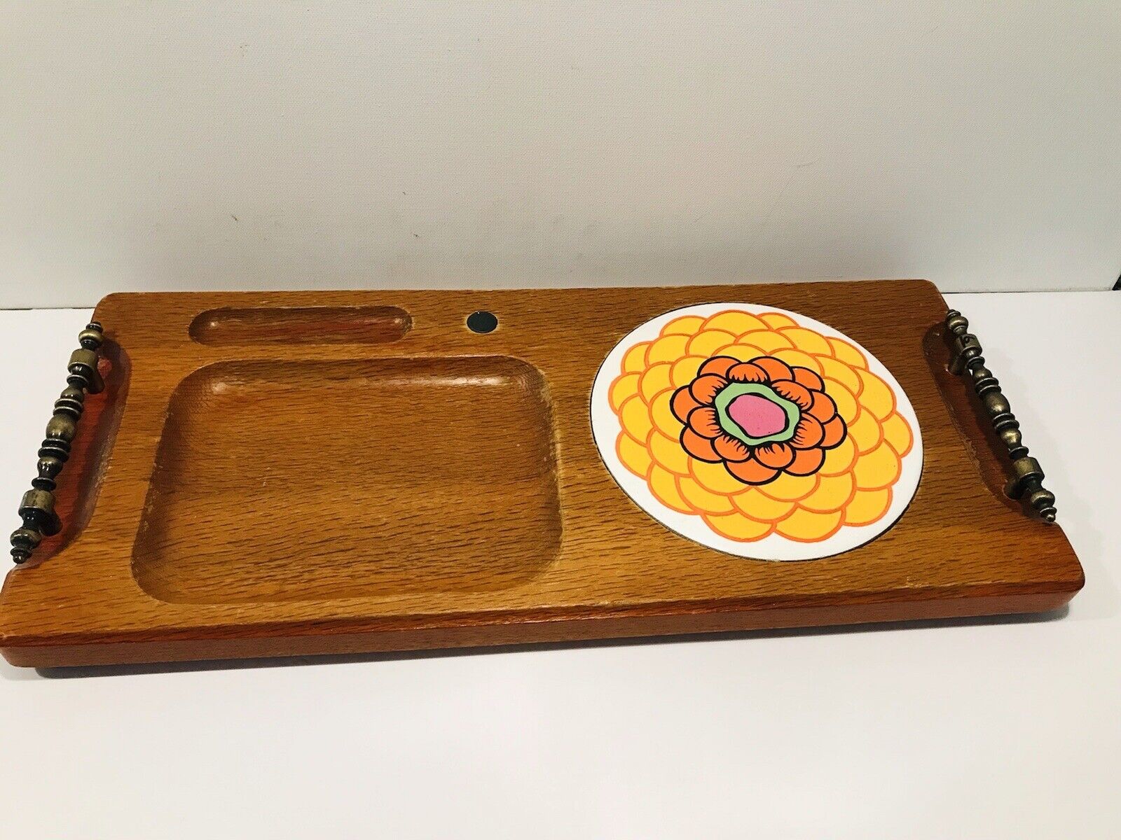 Vintage Wooden Cheese Board Serving Tray with Floral Tile Trivet 1970’s Japan
