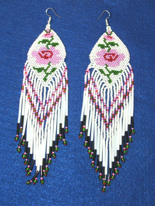 Pink Rose Earrings Handmade Beaded Native Regalia Fringed 6\