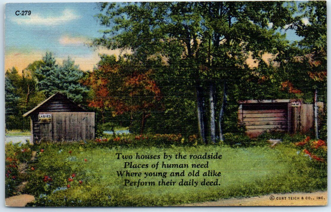 Postcard - Two houses by the roadside scenery with Poem