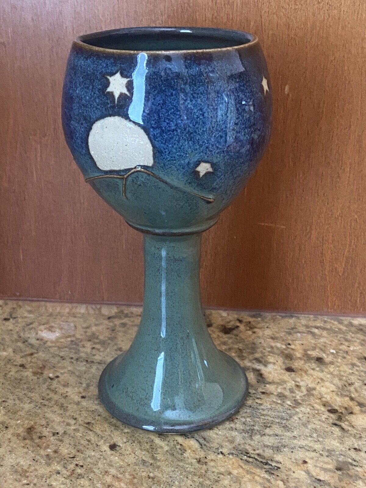 Celestial Moon & Stars Handmade Wine Goblet  7”
