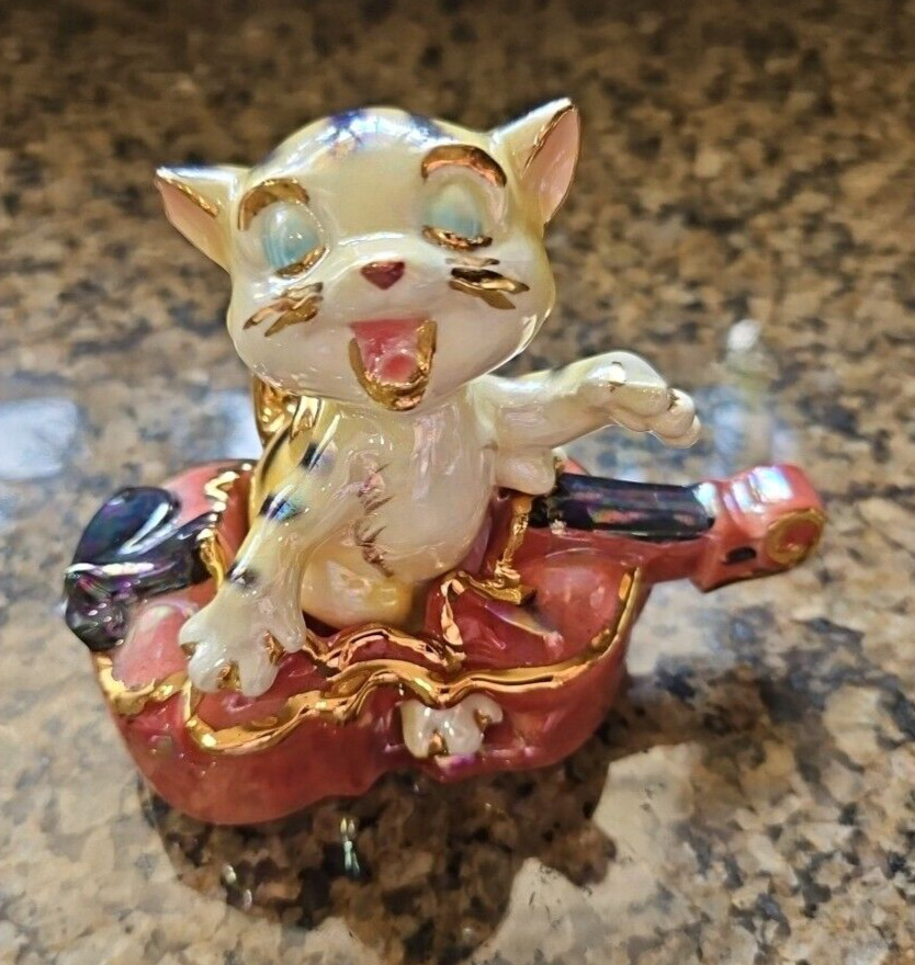 Vintage OOAK Gold Tiger Kitty CAT & THE FIDDLE Salt & Pepper Shakers Nester Set