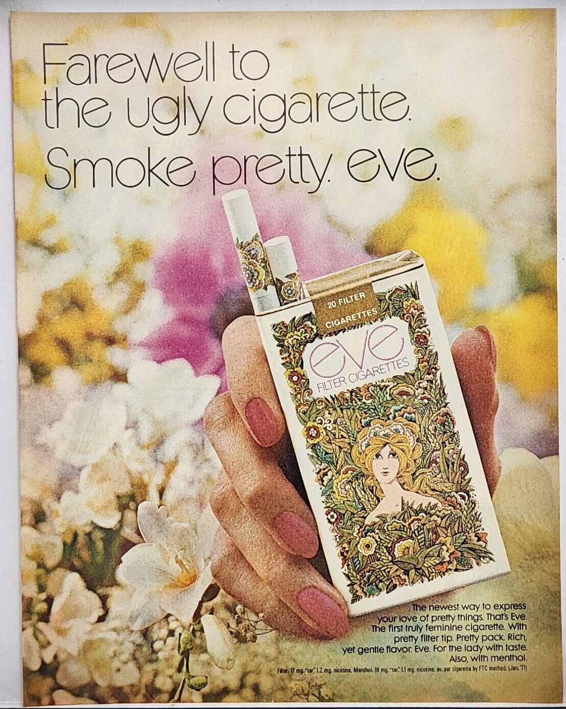 1971 eve Filter Cigarettes Retro Farewell To Ugly Smoke Pretty Vintage Print Ad