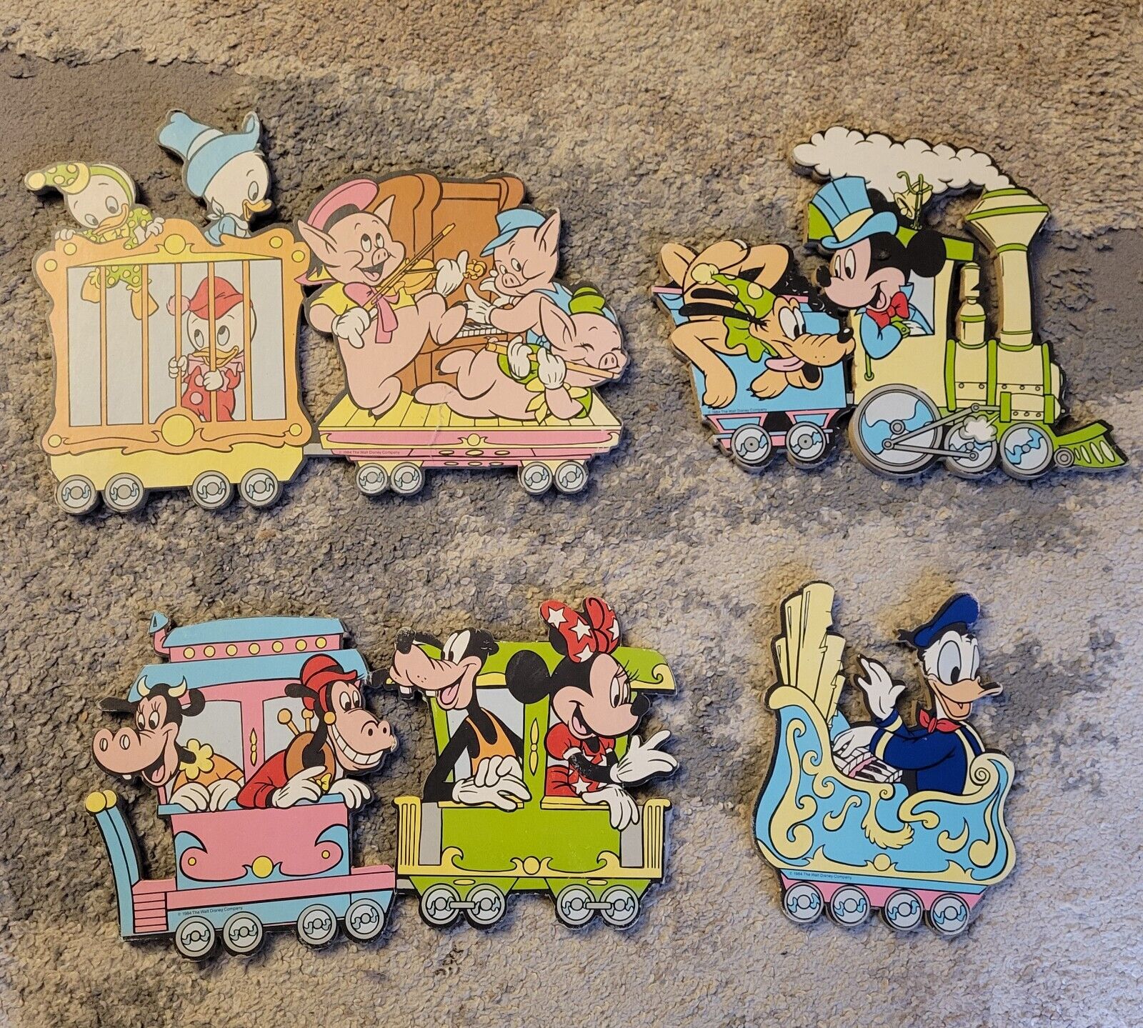 Vintage 1984 4pc Set Disney Cardboard Train Wall Decor Mickey Pluto Goofy Minnie
