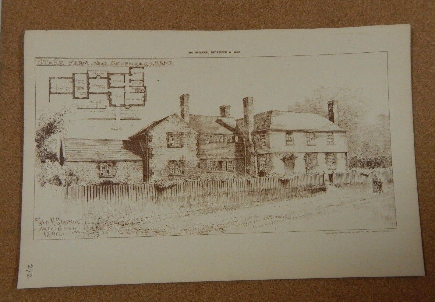 Antique Architects Print Stake farm Nr Sevenoaks The builder 1890