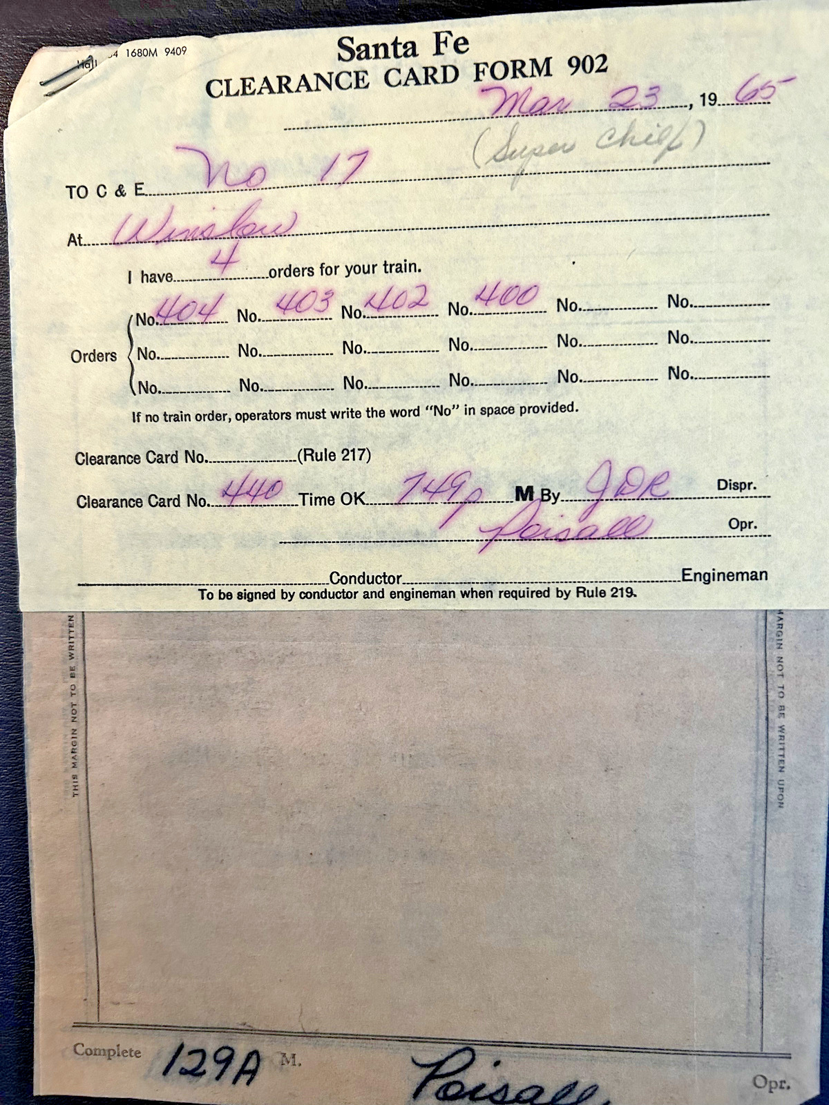 Santa Fe Railway train orders & clearance cards -- 1964 & 1965