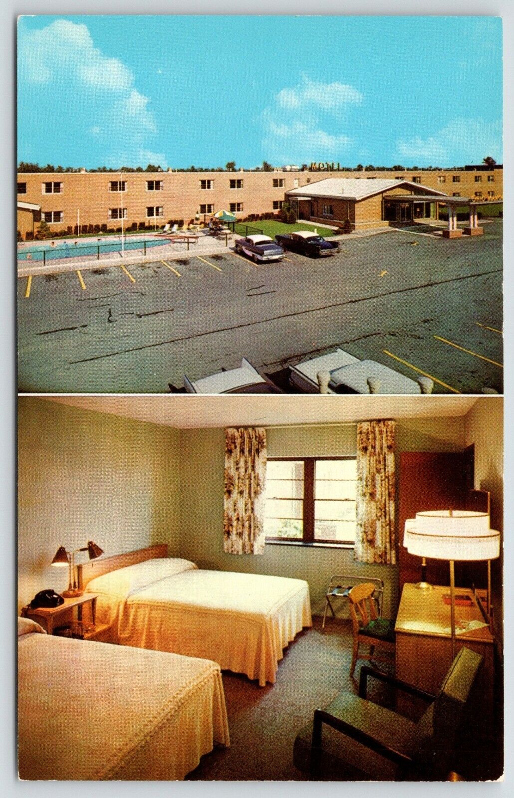 North Ridgeville Ohio~Ohio Manor Motel~Guest Room Interior~1950s Cars by Pool