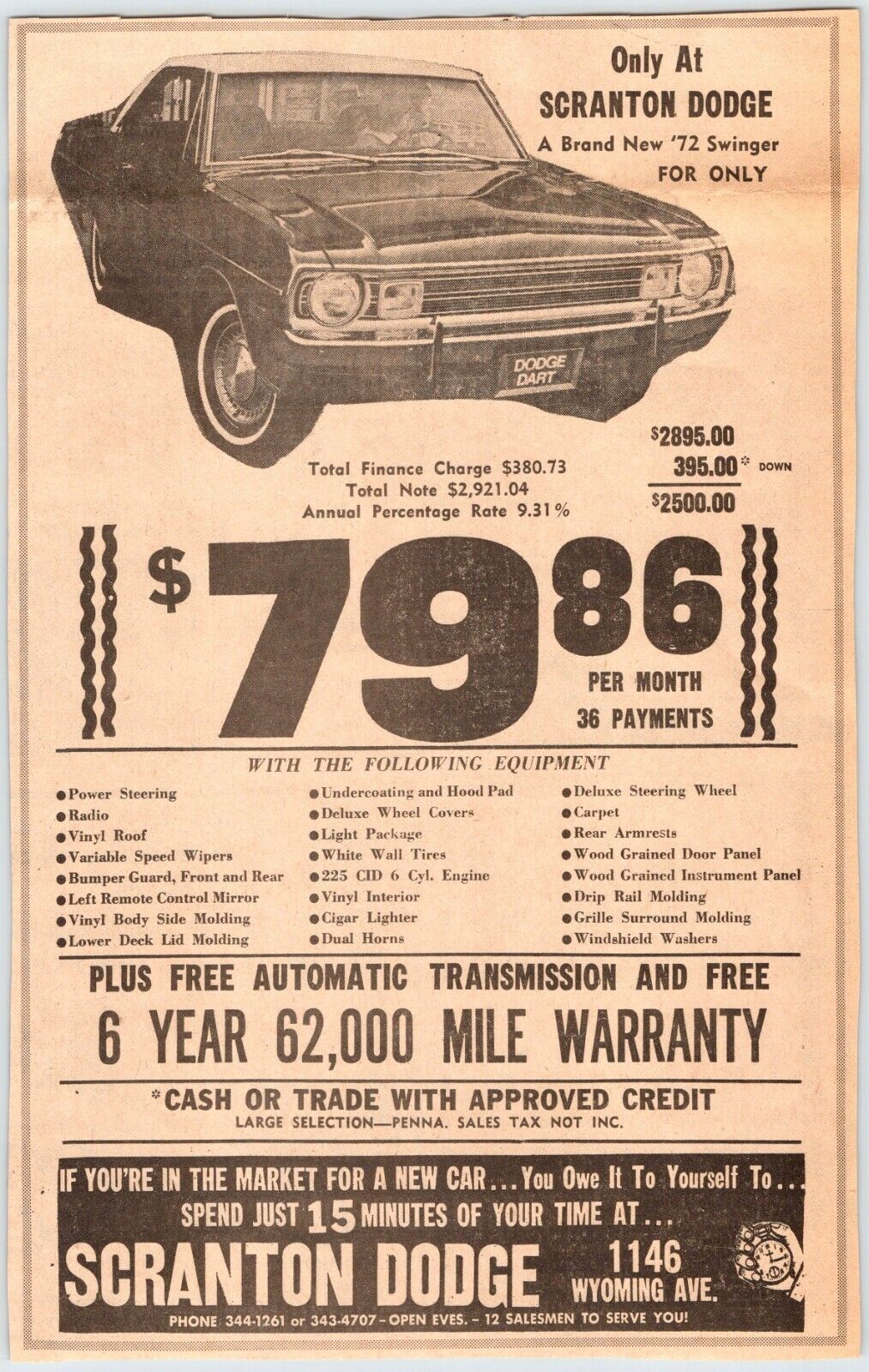 1972 SWINGER CAR SCRANTON DODGE PENNSYLVANIA 7.5\