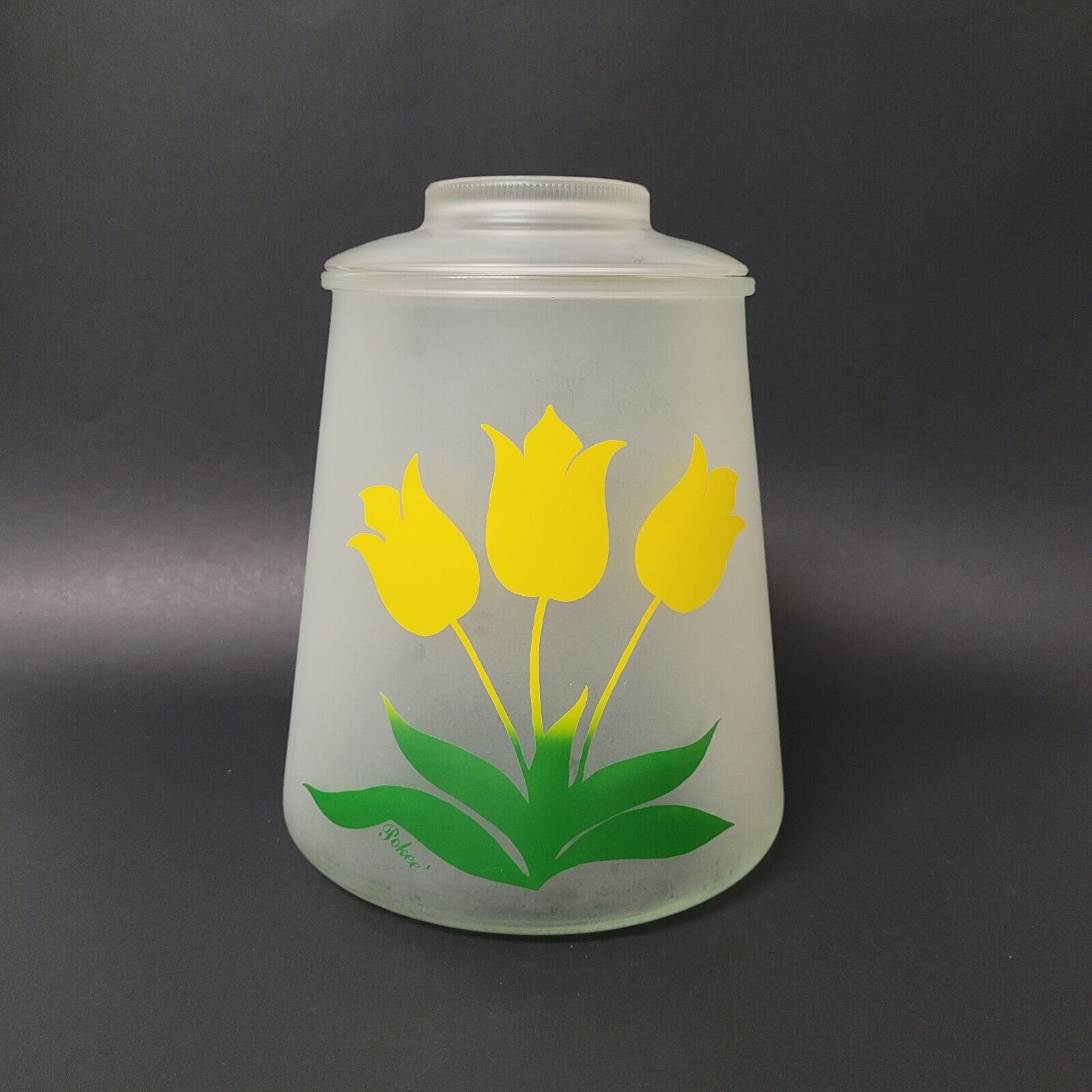Vintage Bartlett Collins Pokee Frosted Canister Cookie Jar Yellow Tulips w/ Lid