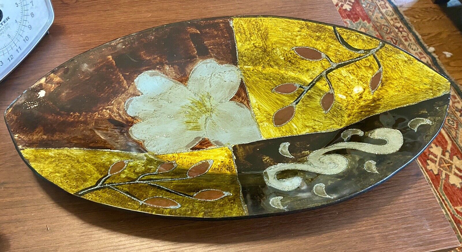18” MCM Ceramic Art Glass Oval Tray Serving Dish Platter w/Glass Overlay RARE