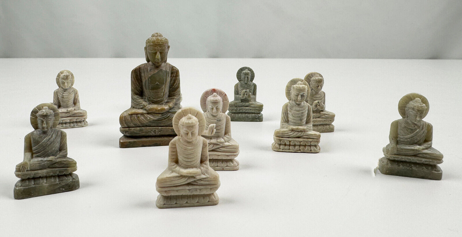 Mini Carved Soapstone Meditating Buddha Statues From India Set of 10