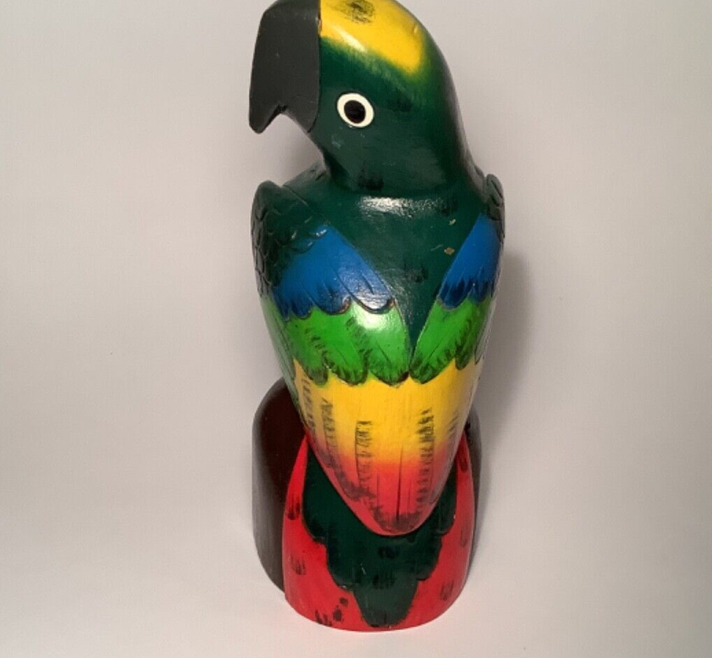 Hand Carved and Painted Wooden Parrot Macaw Bird Statue Tropical Tiki Home Decor