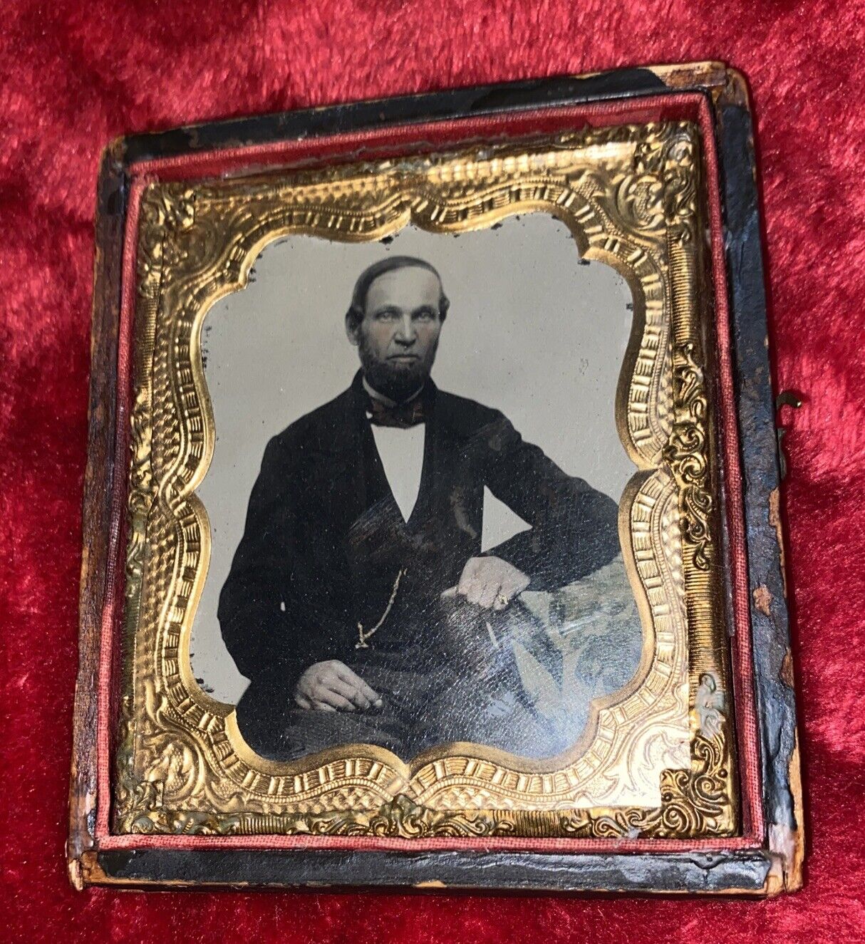 1/6th Plate Ambrotype Antique Photo Bearded Man In Suit W/pocket Watch