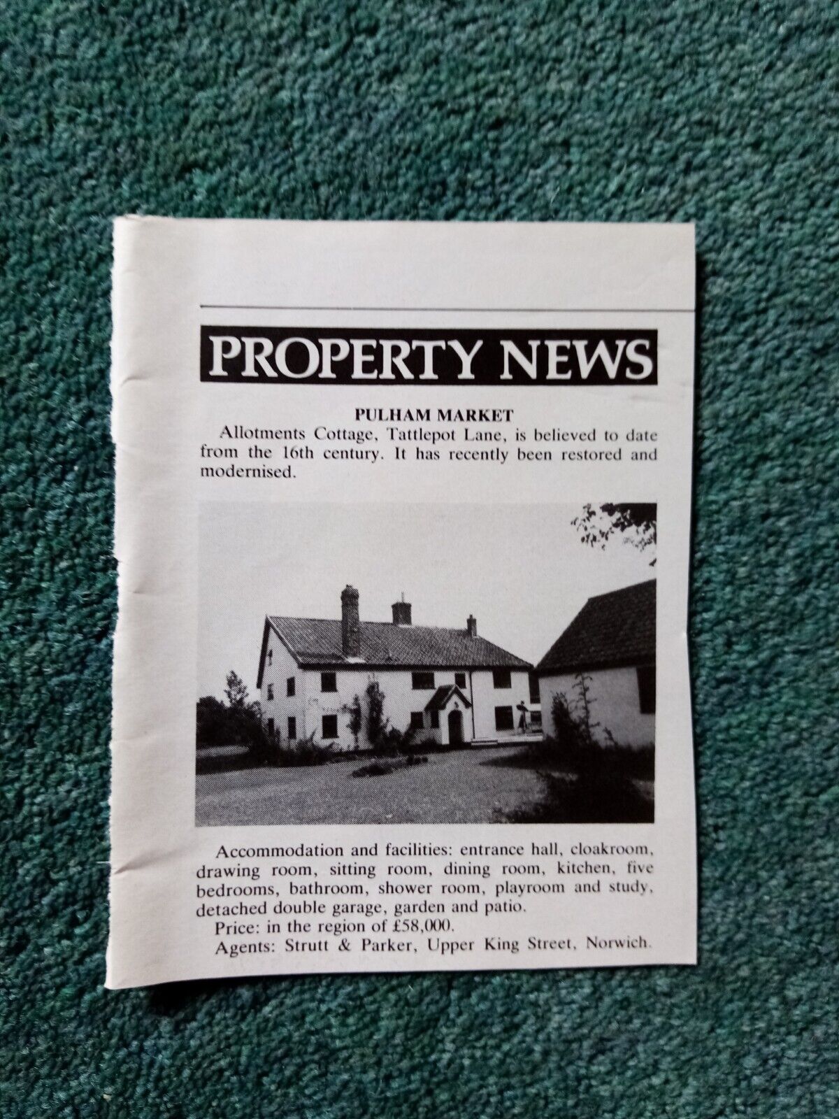 Sa10c  Ephemera 1981 article house advert Pulham market allotments cottage