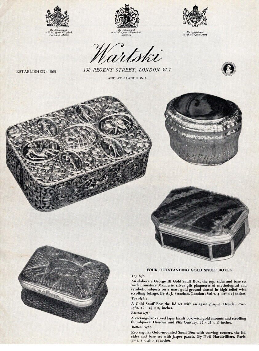 1968 WARTSKI / GOLD SNUFF BOXES PRINT AD, LAPIS, JASPER, AGATE, DRESDEN PRINT AD