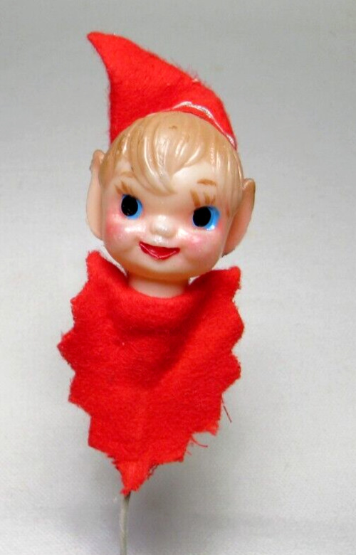 Vtg 1960's Red Elf Pixie Plastic Head Face Christmas Pick /Ornament Crafts Japan