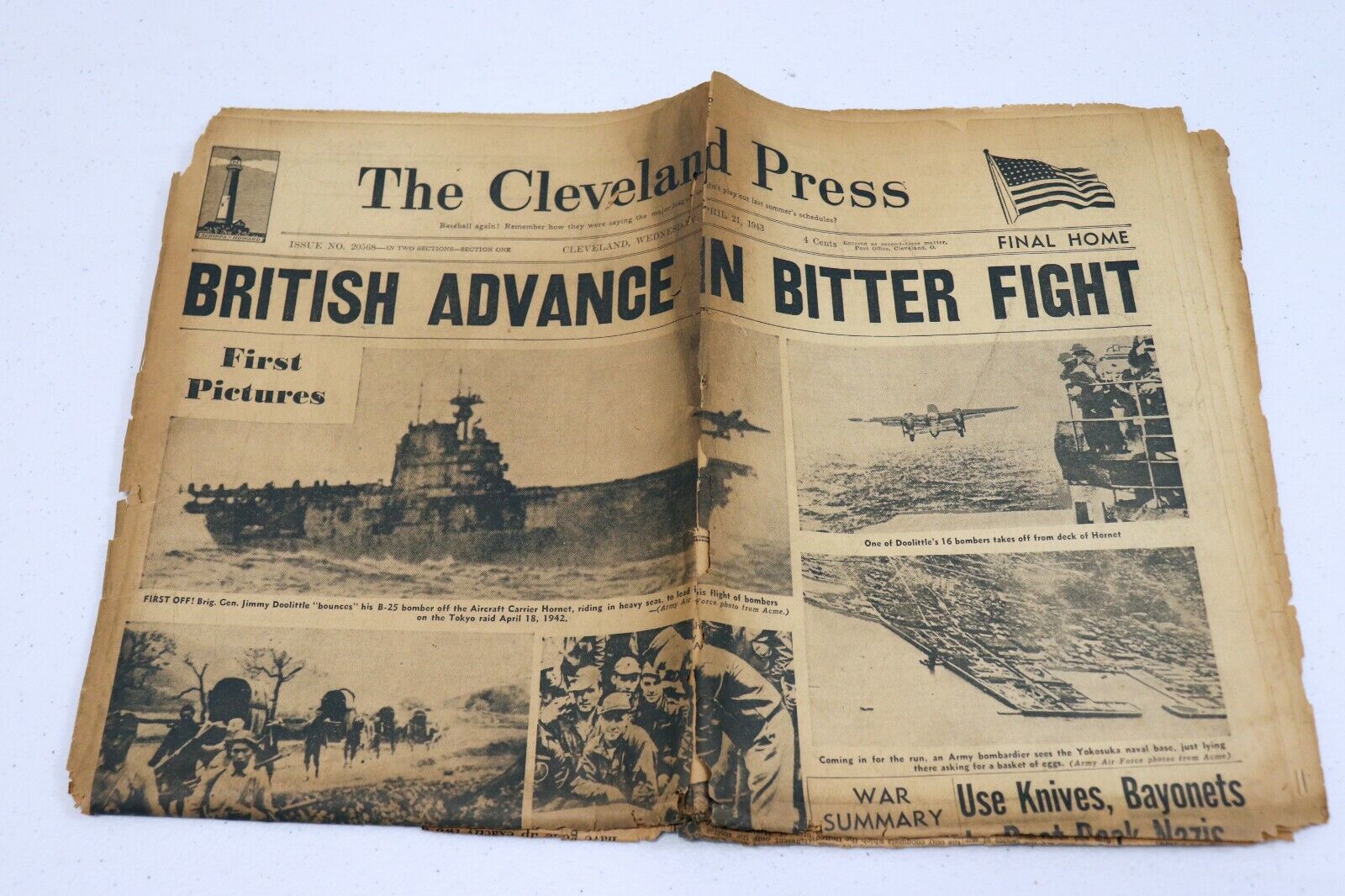 Vintage Apr 21 1943 WWII Cleveland Press Newspaper British Advance Bitter Fight
