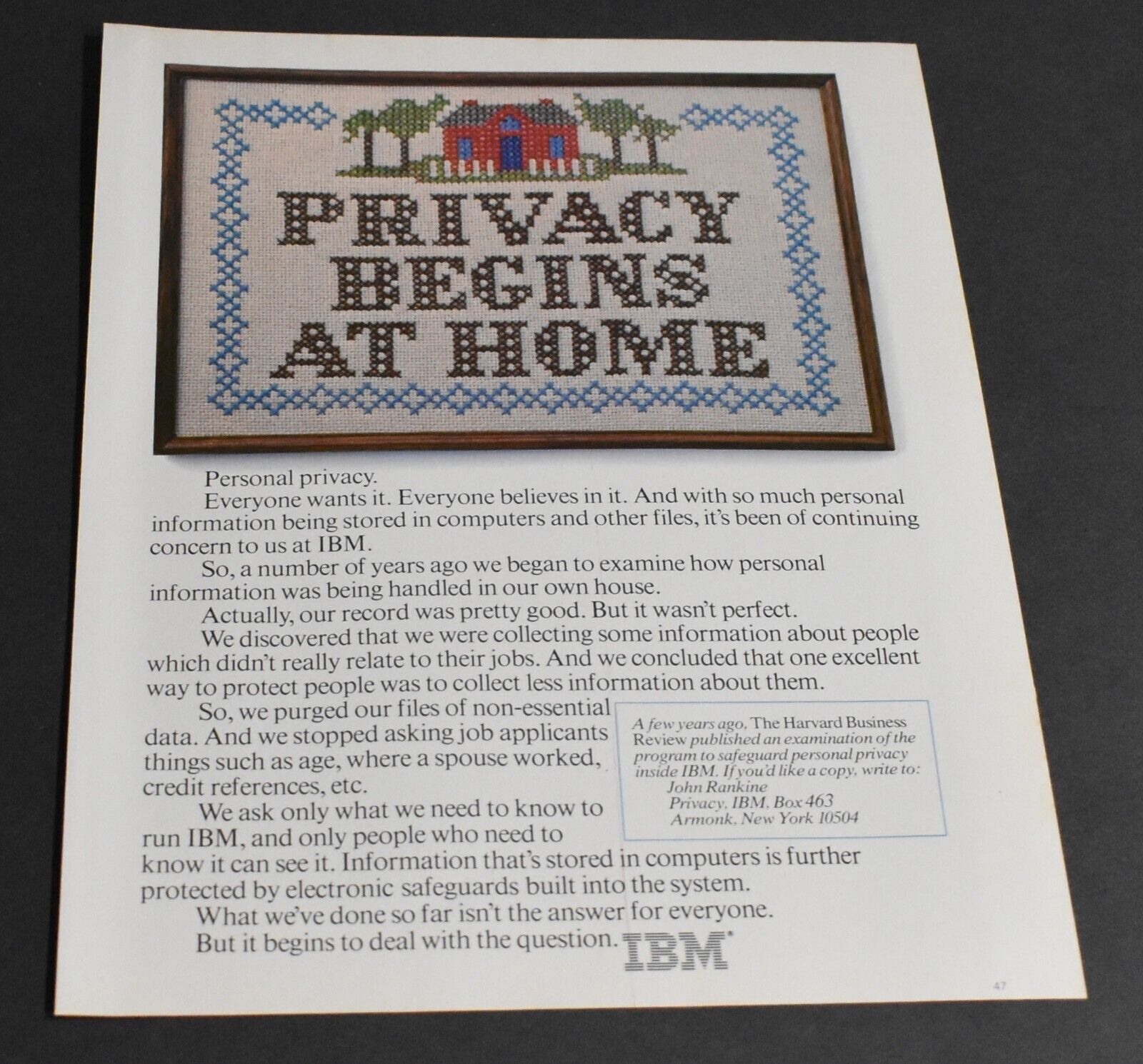 1980 Print Ad IBM Computer Privacy begins at Home Harvard Business Review Art