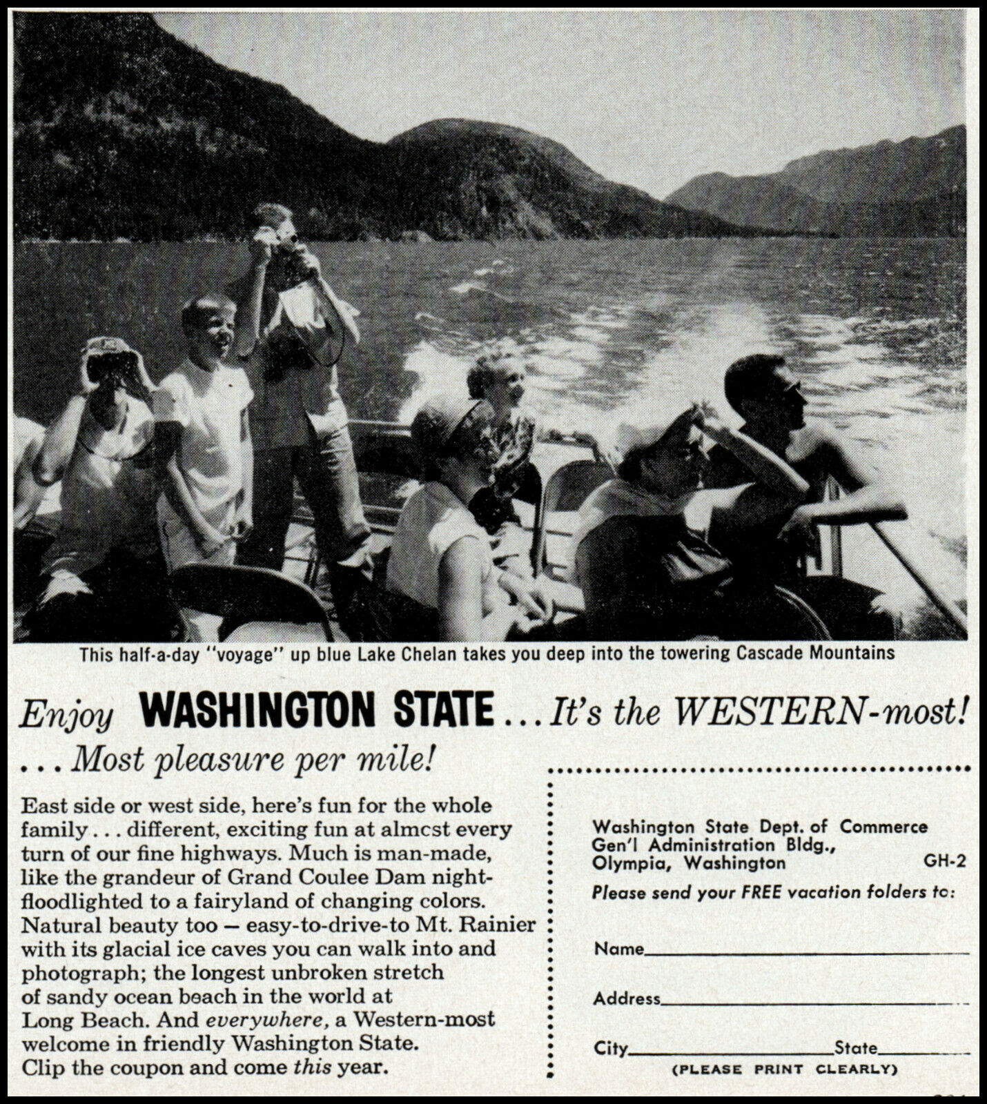 1960 Lake Chelan boating Washington State Dept Commerce retro photo print ad S25