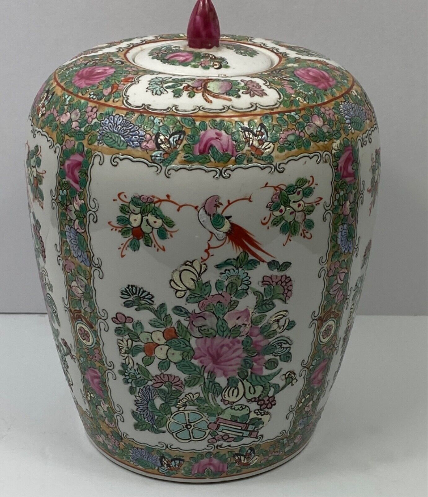 Chinese Famille Rose Porcelain Ginger Jars w/ Floral & Bird Dec.