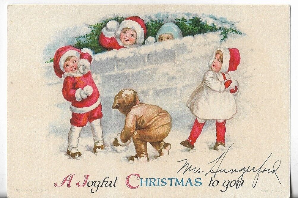 Used Vtg Christmas CARD-apx 4.75x3.25 ART DECO Joyful Xmas Kids and Snowballs