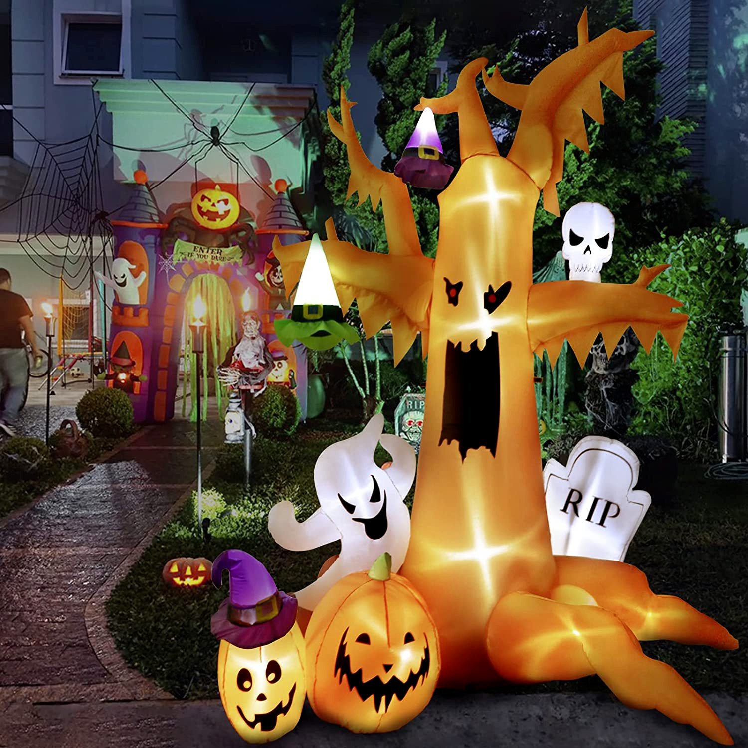 8Ft Halloween Inflatables Dead Tree with Ghosts Pumpkins Witch Hats, Inflatable 