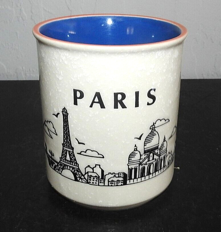 Vintage Paris France Embossed Mug Speckled Eiffel Tower Notre Dame Arch FS