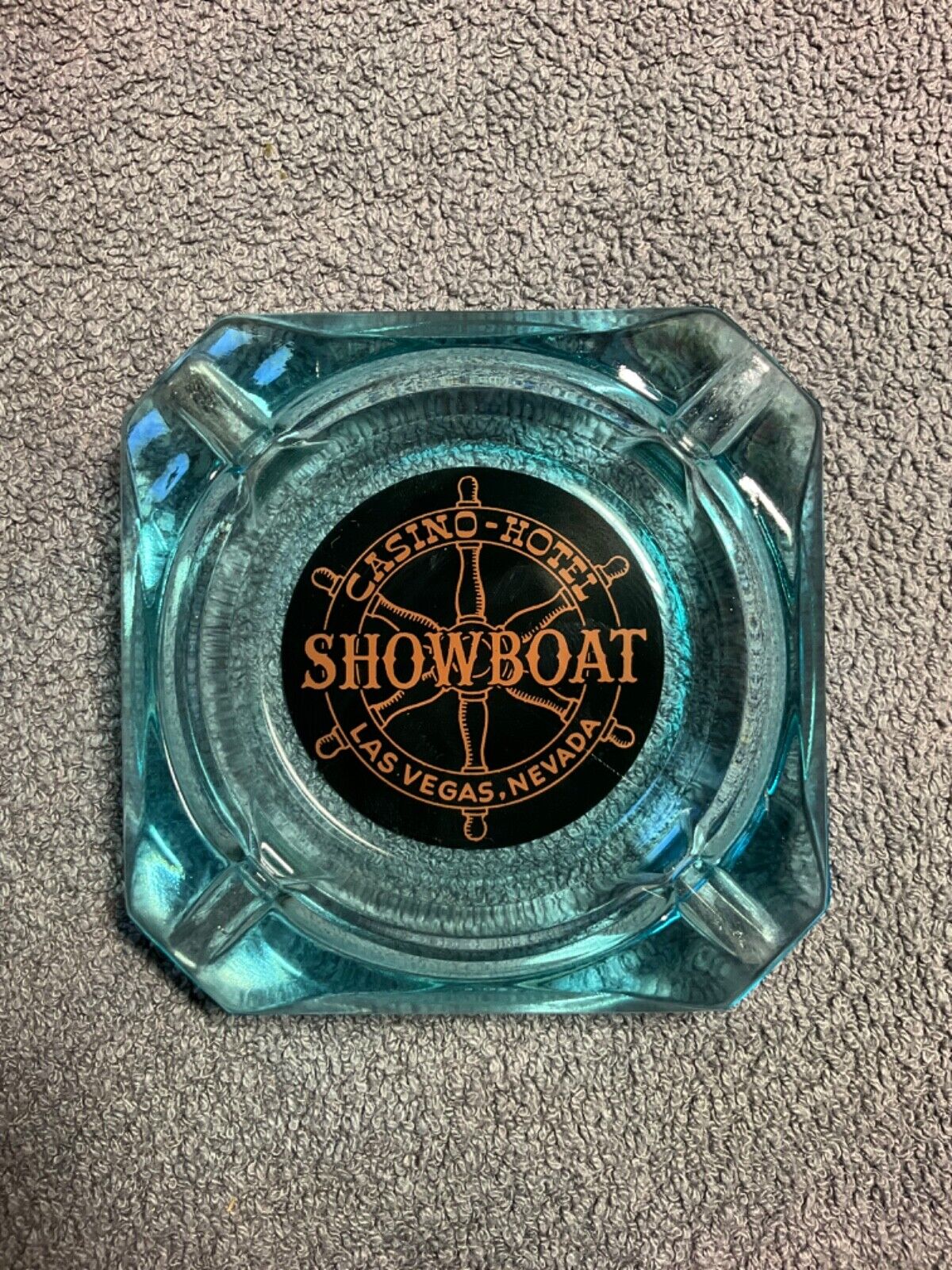 Vintage Showboat Casino Las Vegas NV Blue Glass Ashtray