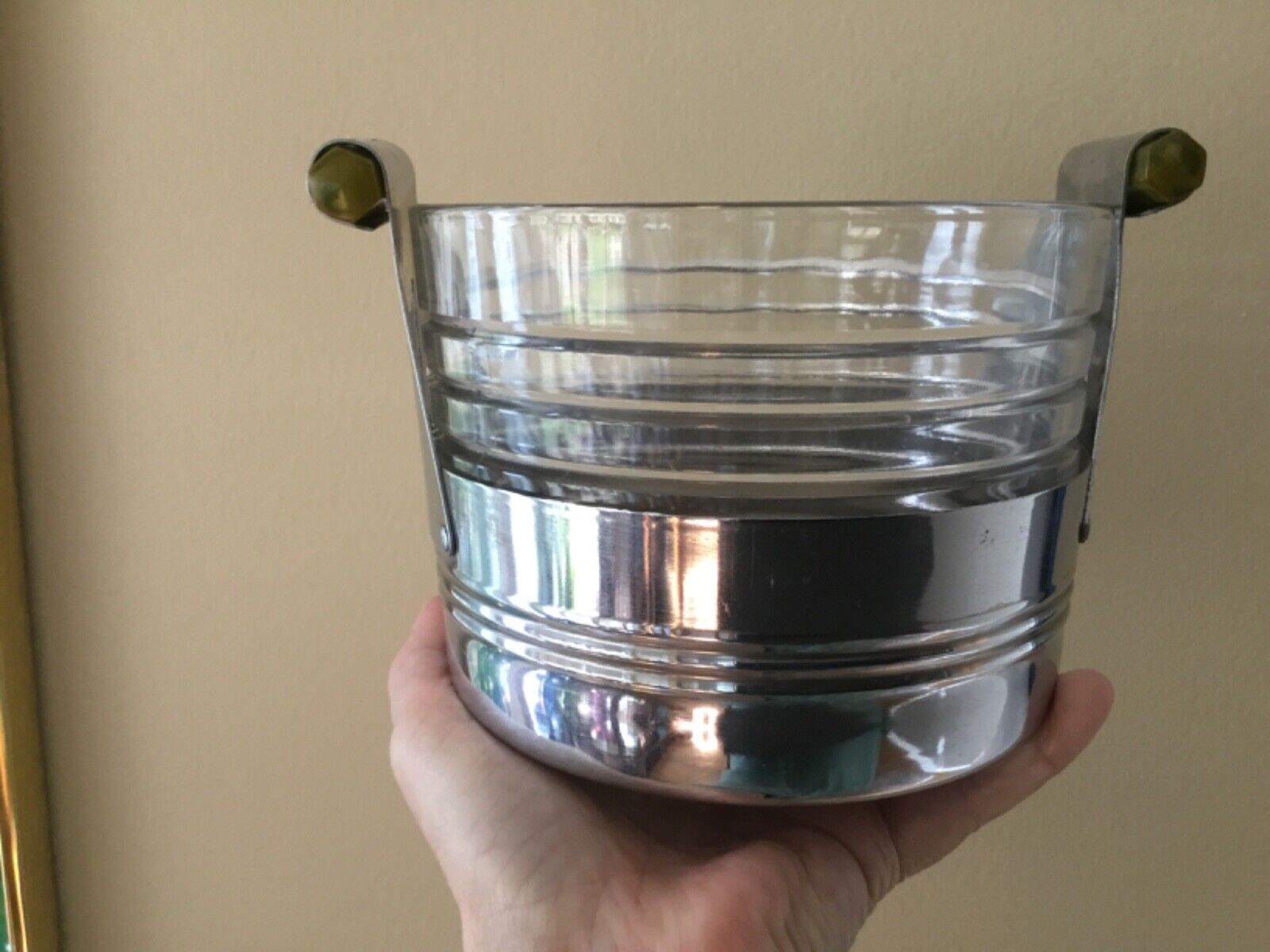 Art Deco Metal & Glass Ice Bucket Bakelite Handles green 2 part VTG stainless