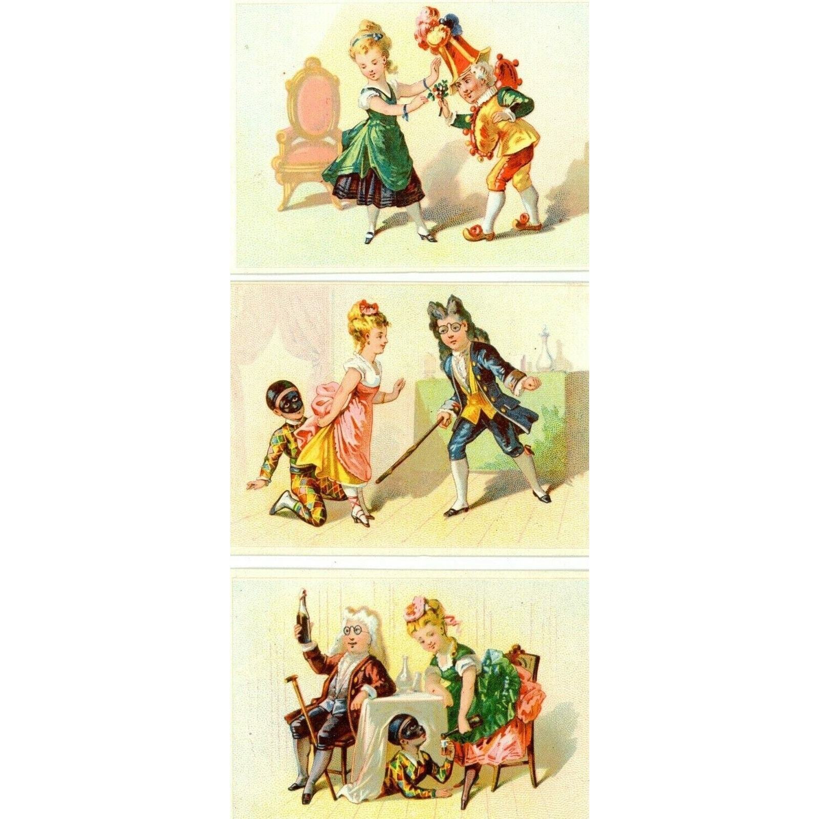 1880\'s Victorian Trade Card Set of 3 Jester Masquerade Liquor Pre-Prohibition