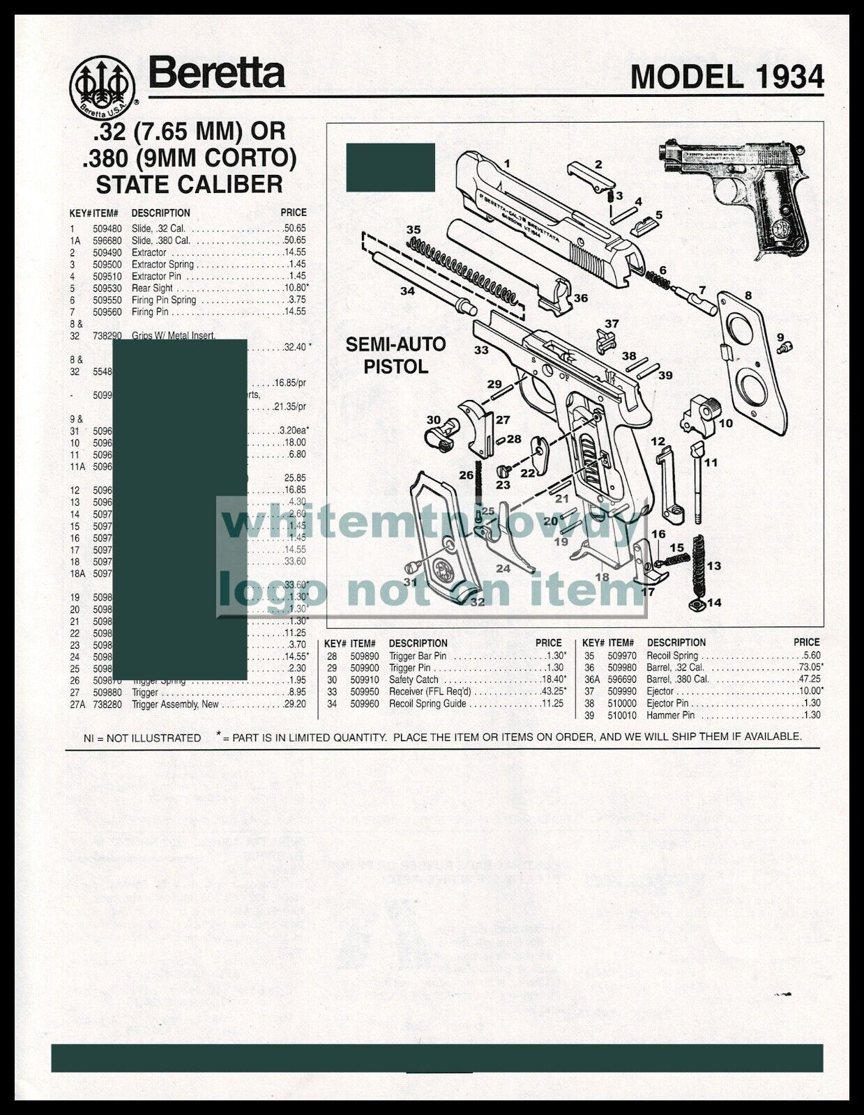   2000 BERETTA Model 1934 .32 or .38 Pistol Schematic Parts List AD