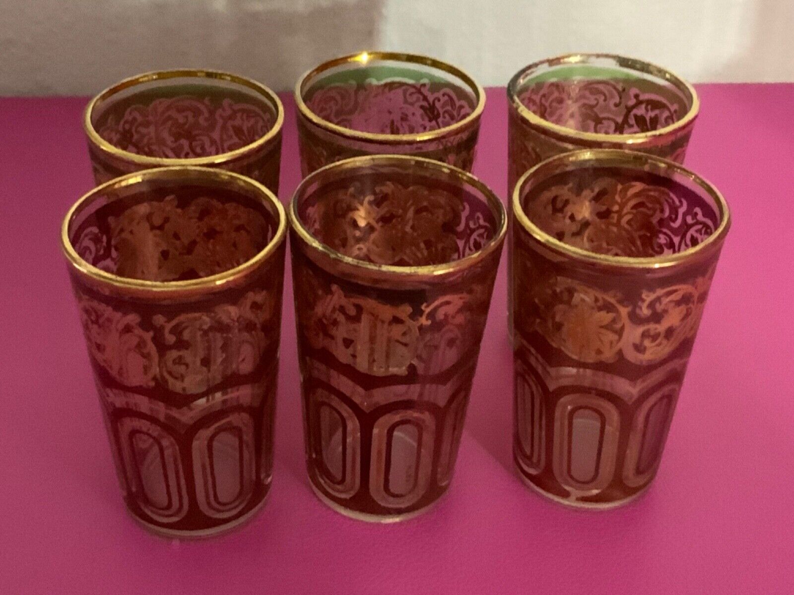 Moroccan Fath Tea Glass  Green & Gold  Pink set of 6