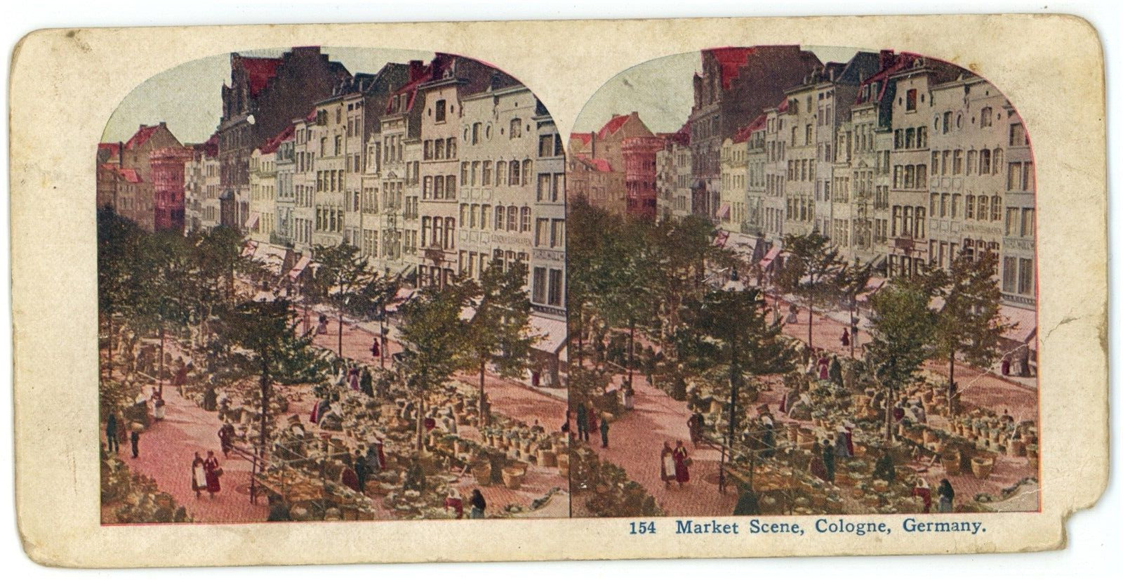 c1890's Color Stereoview Card 154 Market Scene in Cologne Germany
