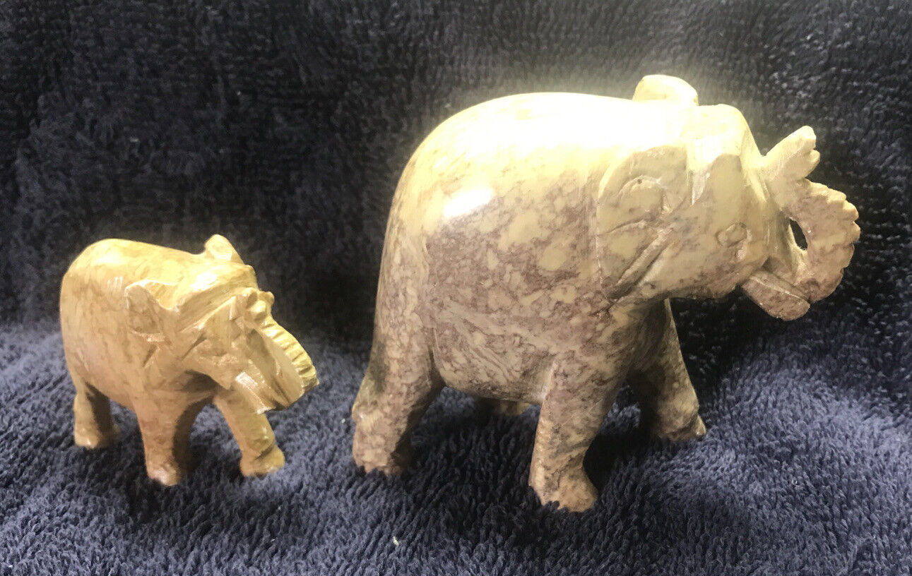 Vintage Hand-Carved Soapstone Vintage Elephants From India