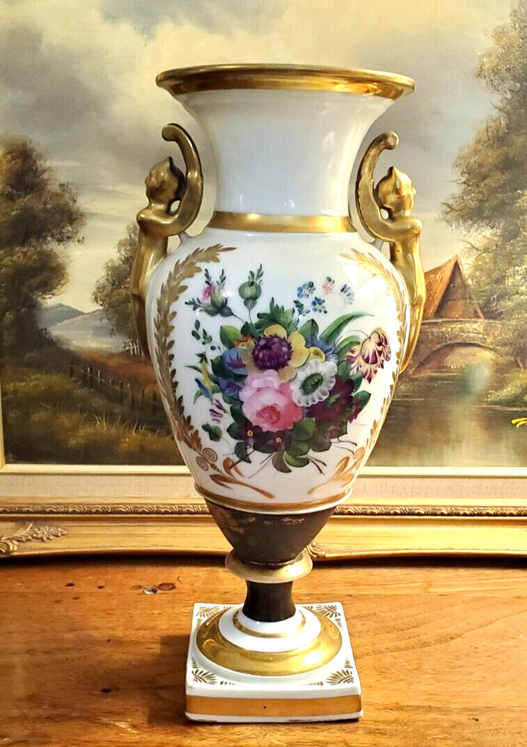 Large Antique Porcelain Hand Painted Vase French Empire Style Caryatid Handles