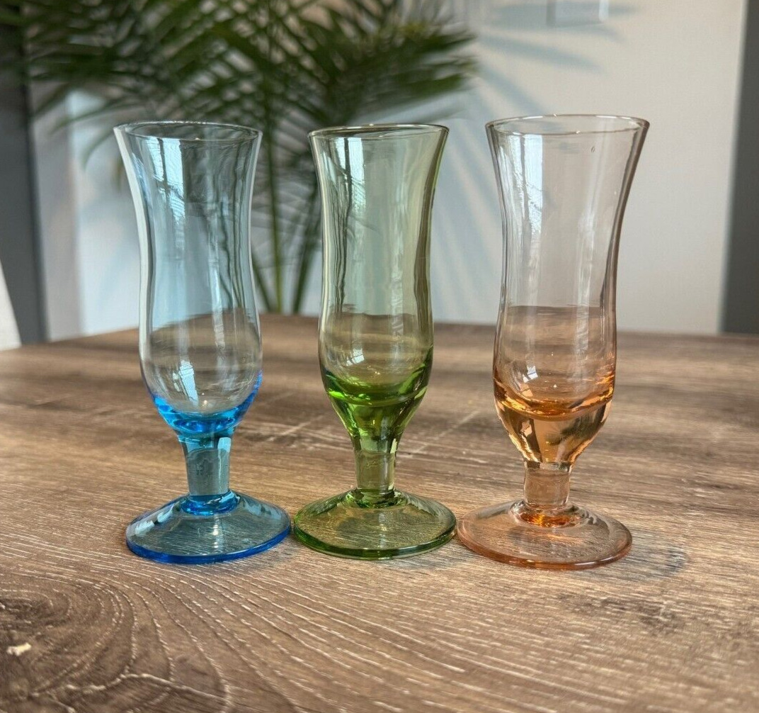 Set of 3, Vintage Tiny Colored Glass Goblets, Cordial Shot Glass