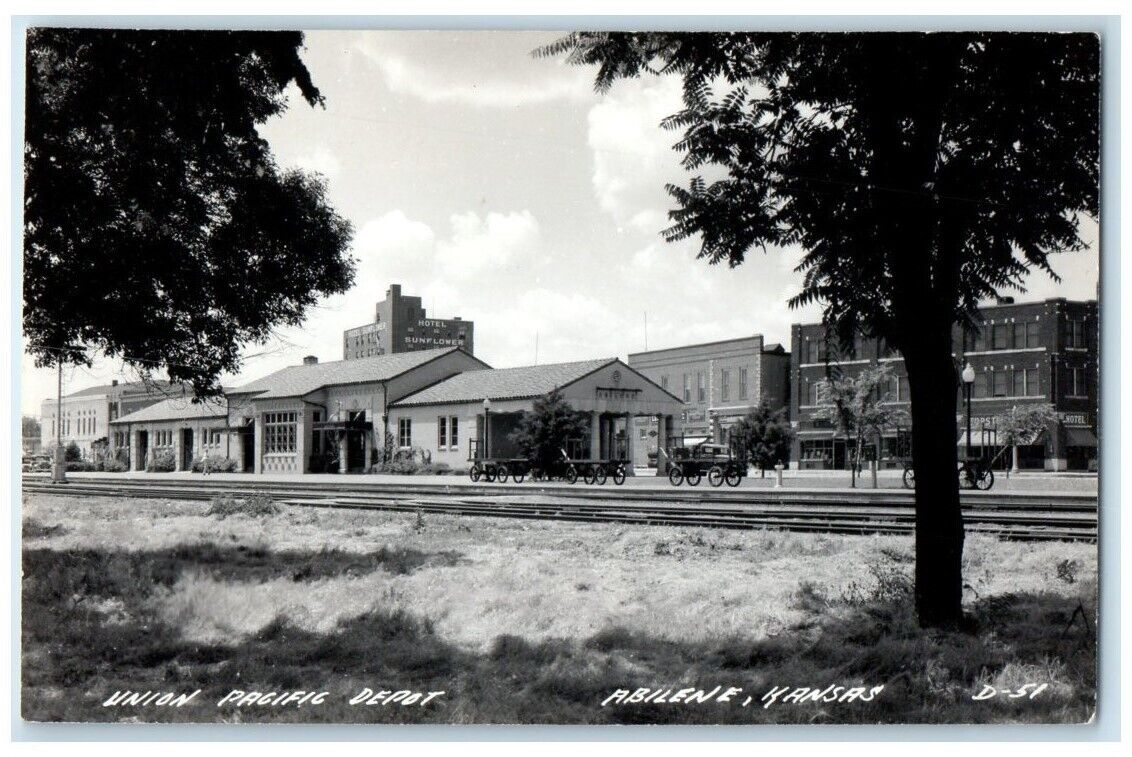 c1940's Union Pacific Depot Hotel Sunflower Abilene KS RPPC Photo Postcard