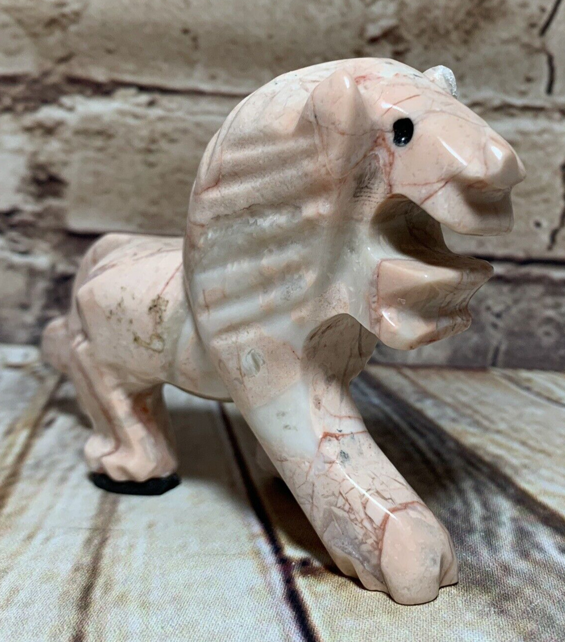 Vintage Carved Pink Marble Lion Sculpture Figure Roaring & Walking 2.75