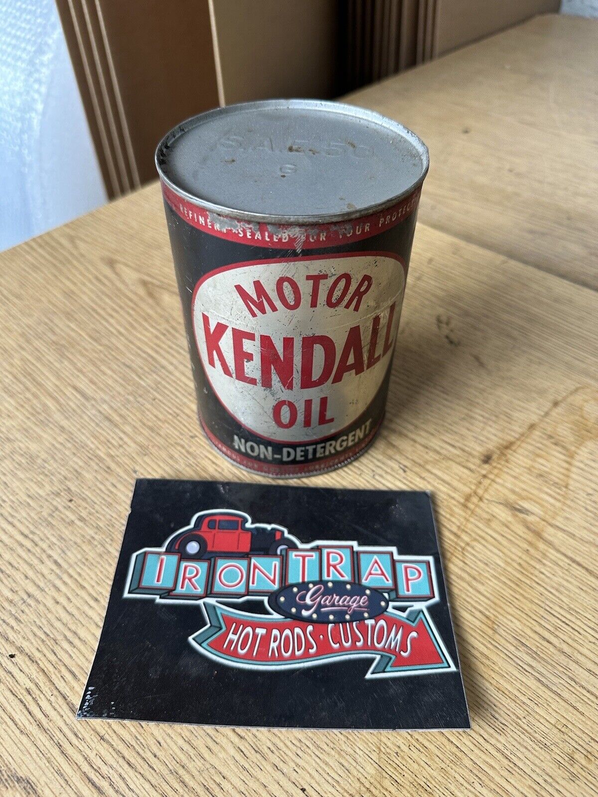 Vintage 1950s-60s Kendall Motor Oil 1 Quart Empty Can Gas Station Missing Bottom