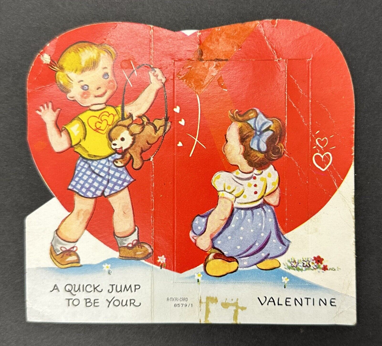 Vintage A Quick Jump To Be Your Valentine Card Pup Jumping Hoop
