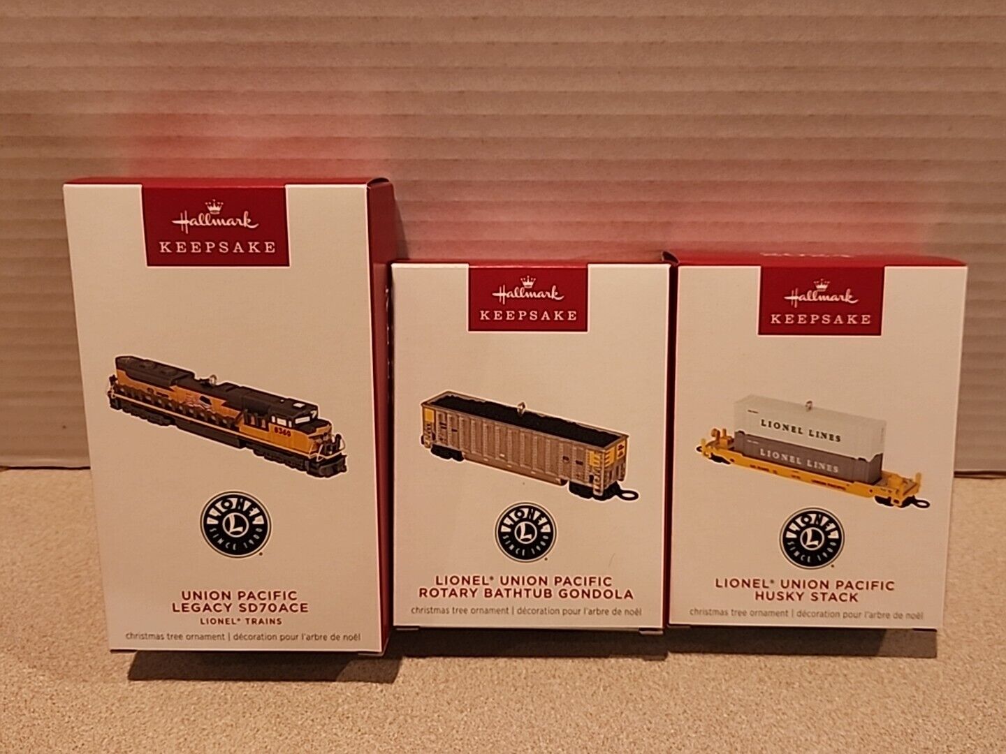 3 Lionel Trains Hallmark Ornaments - Union Pacific Legacy SD70ACE, Rotary, Husky